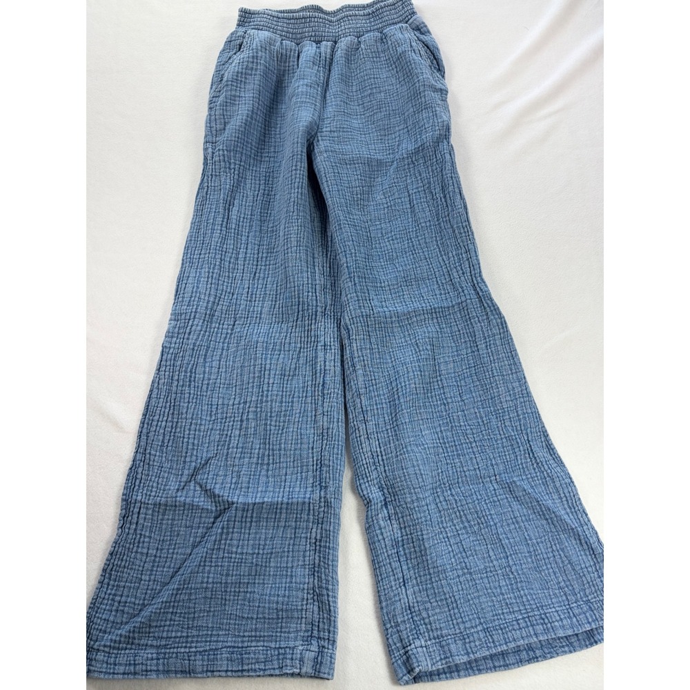 Aerie Blue Cotton Gauze Wide Leg Smocked Waist Pants Small Pockets Loungewear